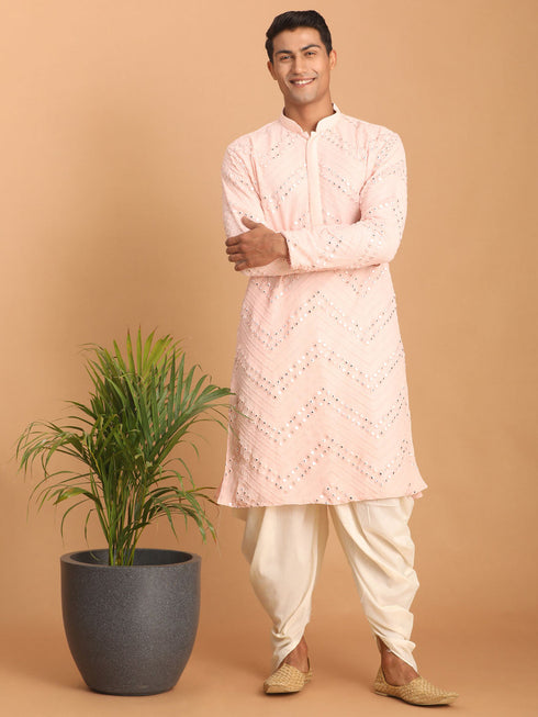 Vastramay Men's Pink Mirror Kurta Dhoti Set